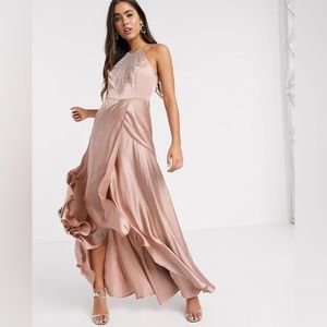 ASOS maxi dress in satin with embellished neck in rose gold